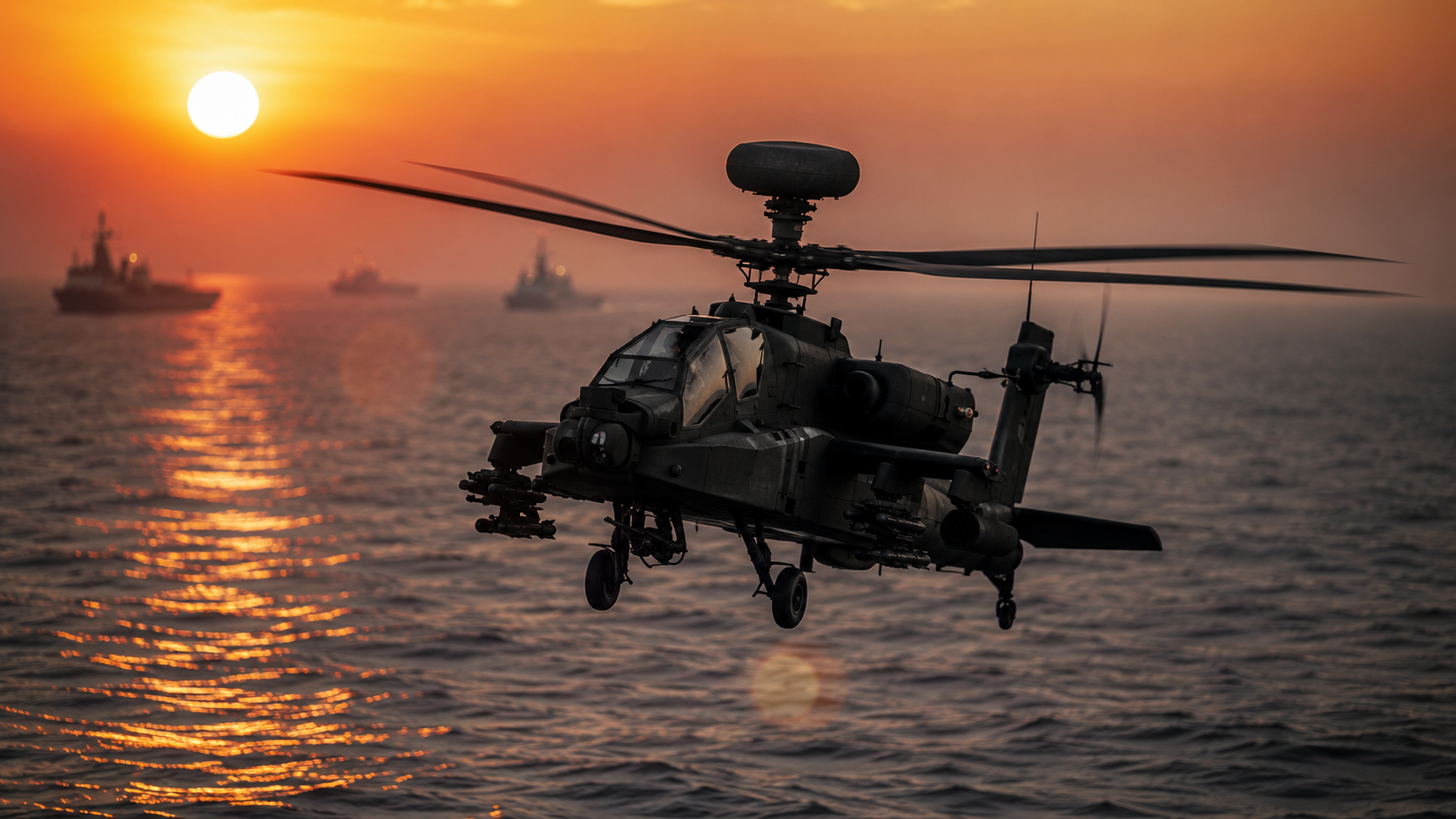 ภาพเฮลิคอปเตอร์ AH-64 Apache กำลังบินลาดตระเวนเหนือน่านน้ำในช่วงพลบค่ำ