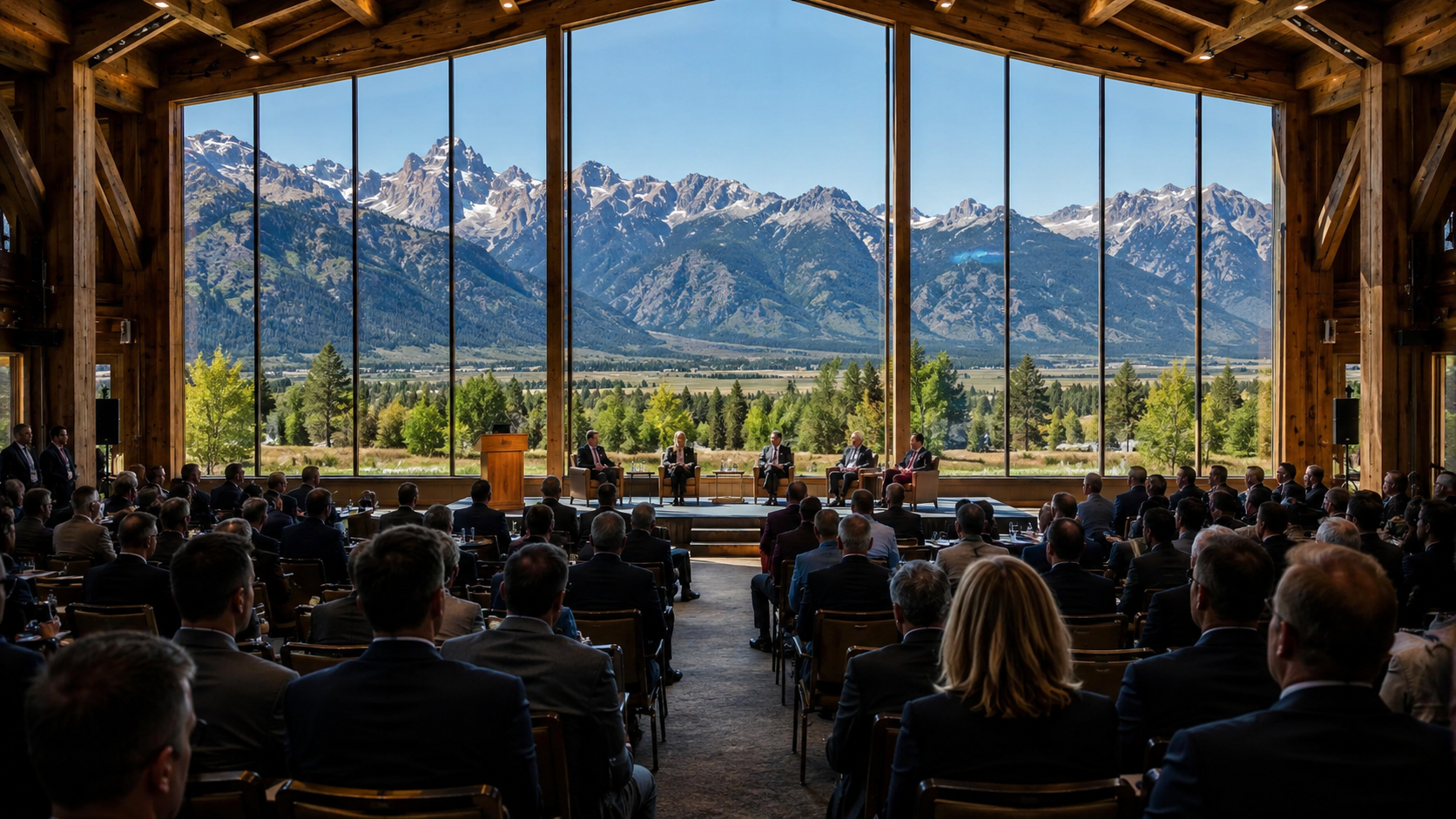 ภาพบรรยากาศการประชุมสัมมนาเศรษฐกิจ Jackson Hole ท่ามกลางภูเขาในรัฐไวโอมิง
