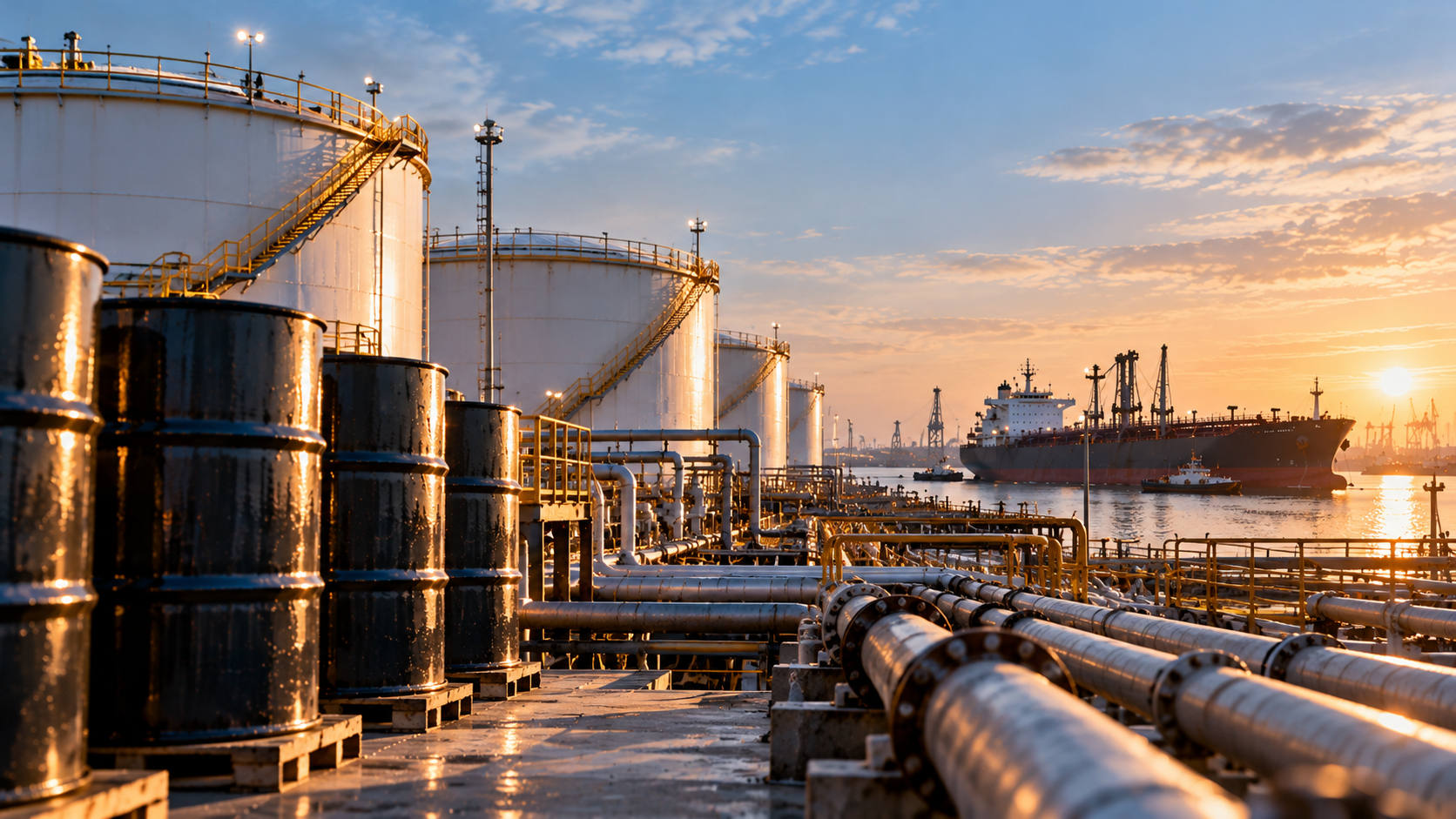 Oil barrels, storage tanks, pipelines, tanker terminal