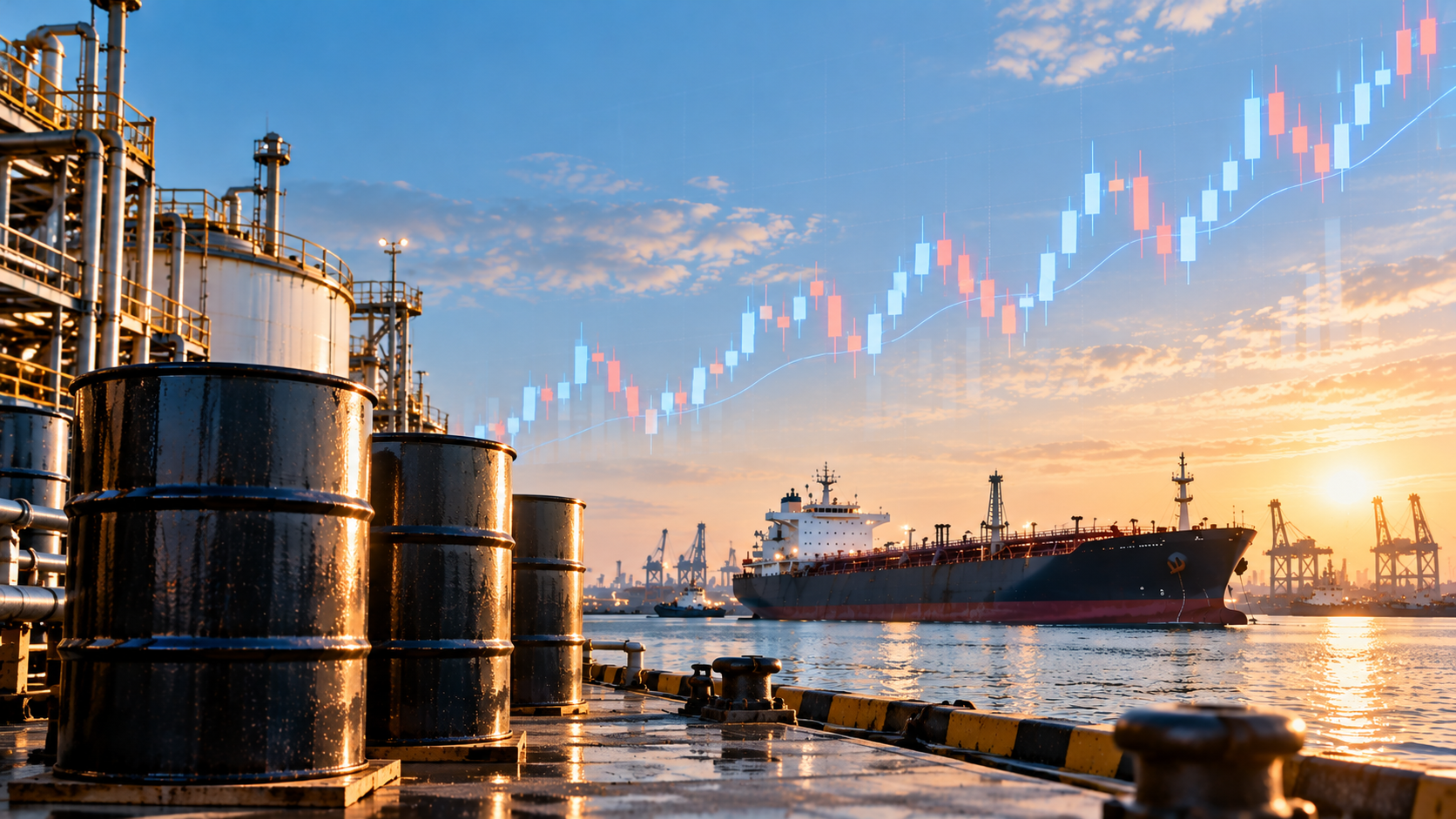 Oil barrels, tanker, fluctuating market charts